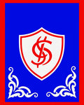 Bold Red and Blue Crest Emblem Rug