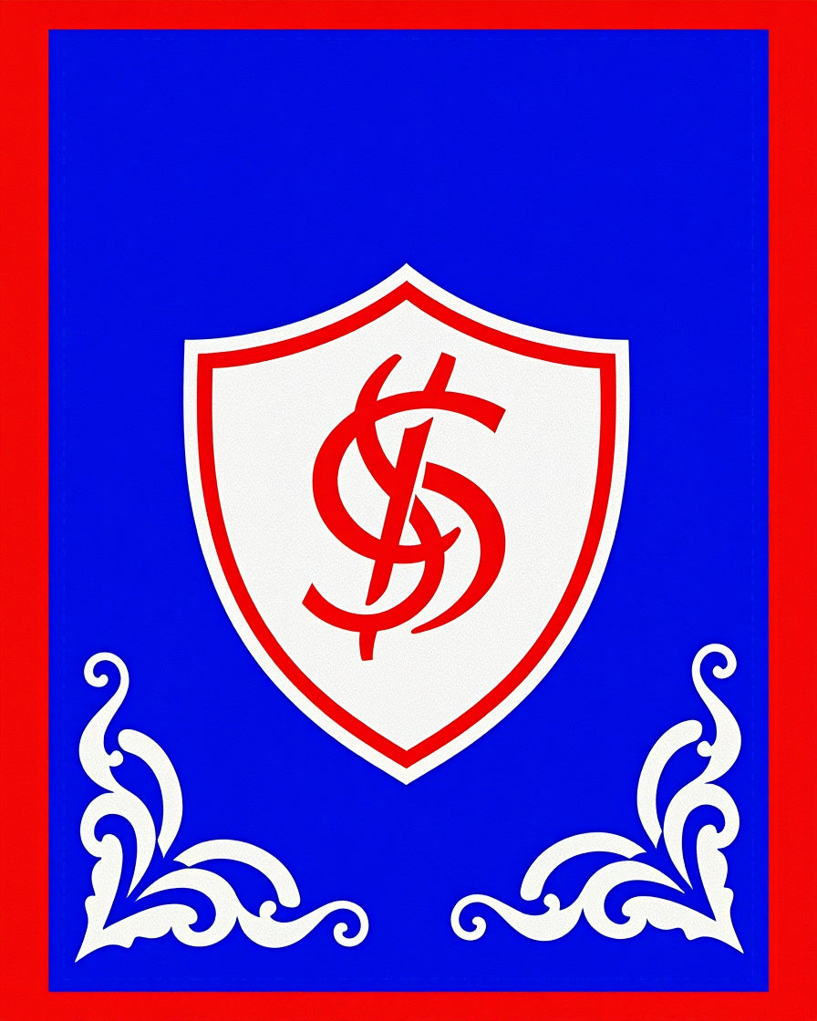 Bold Red and Blue Crest Emblem Rug