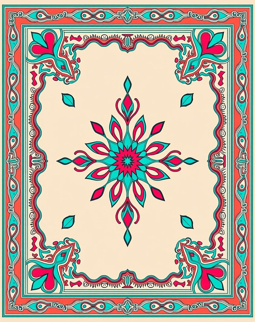 Vibrant Coral Teal Floral Medallion Rug
