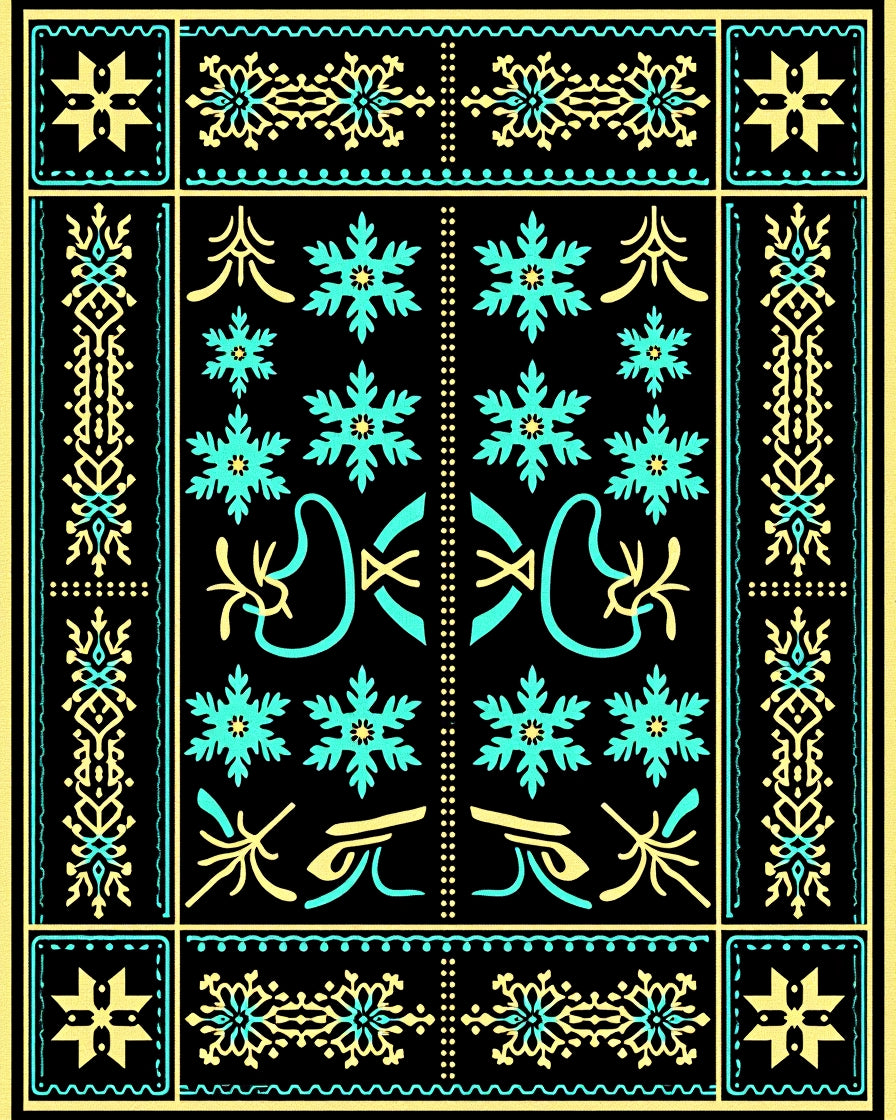 Yellow and Teal Snowflake Folk Art Rug