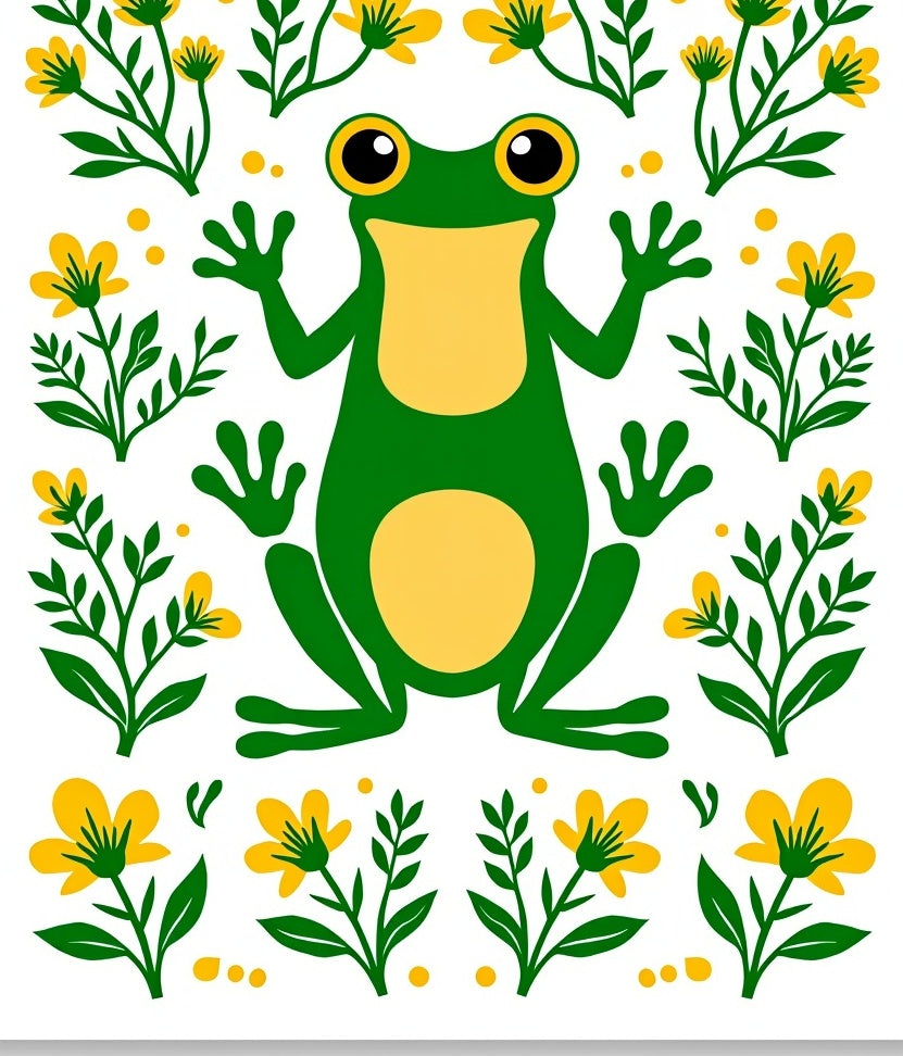 Whimsical Green Frog Yellow Floral Sprigs Rug