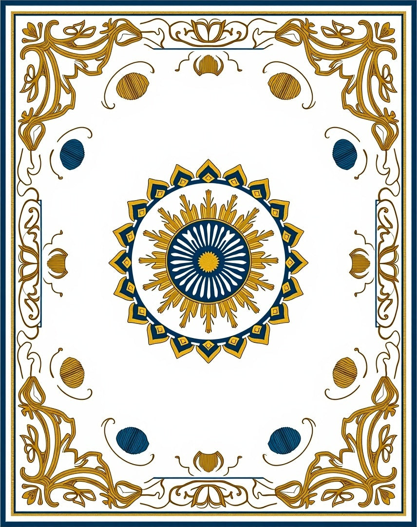 Golden Blue Sunburst Mandala Border Rug