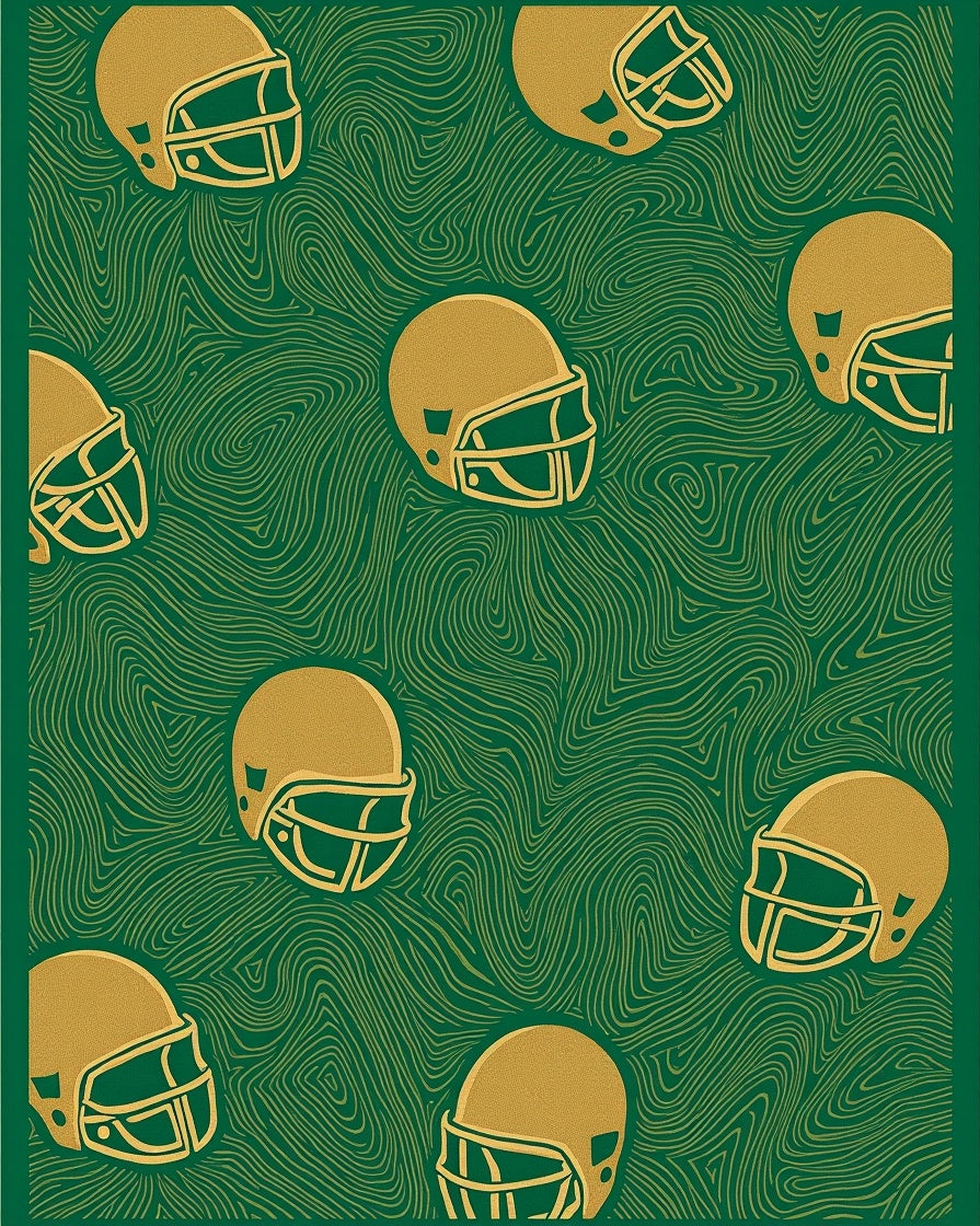Golden Football Helmets Green Swirls Rug
