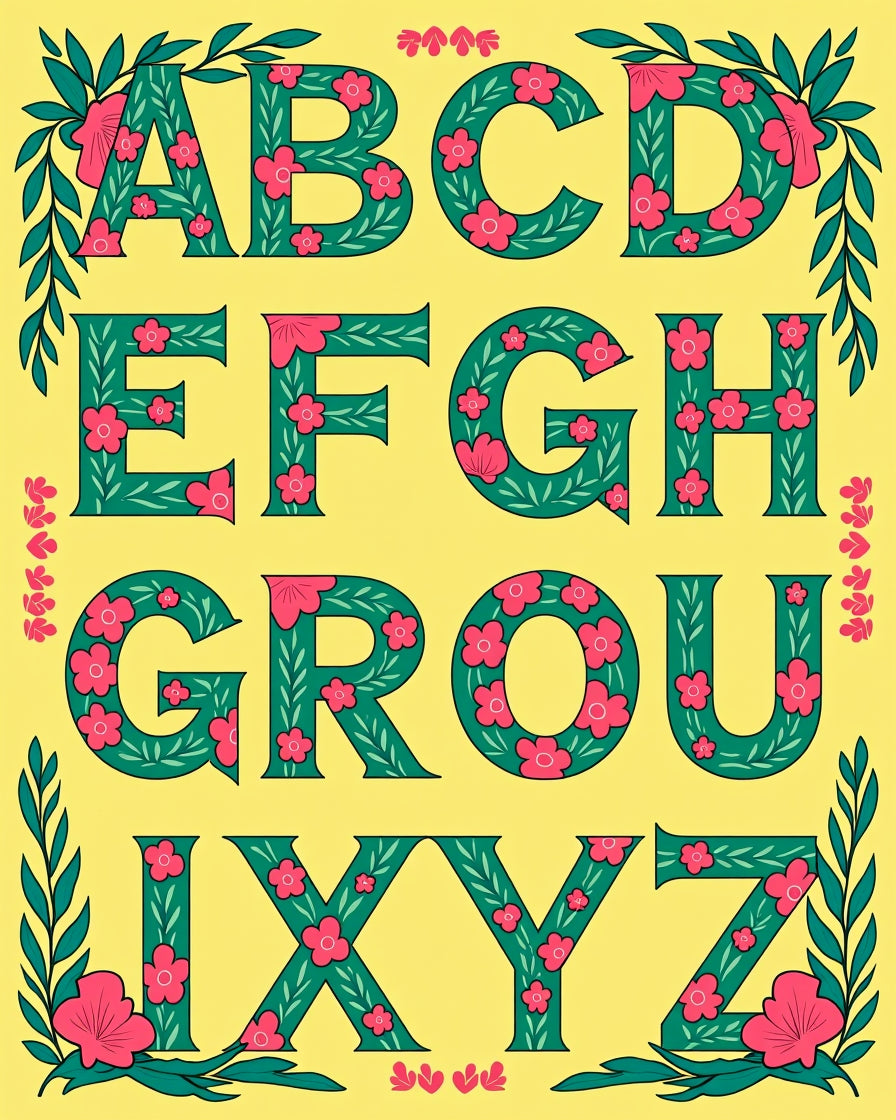 Green Floral Alphabet Letters Rug