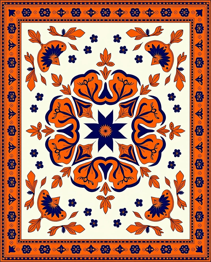 Orange Sapphire Floral Medallion Border Rug