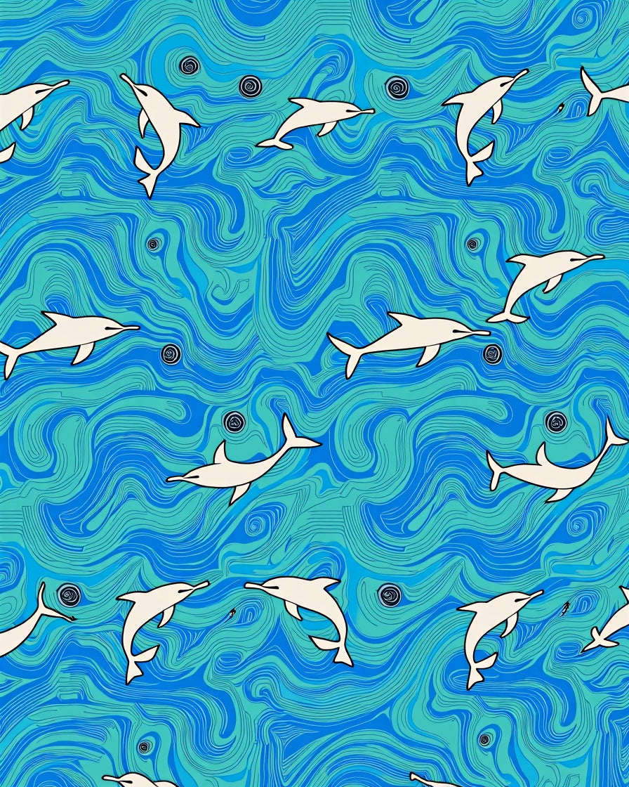 Playful Dolphins in Turquoise Swirling Waves Rug