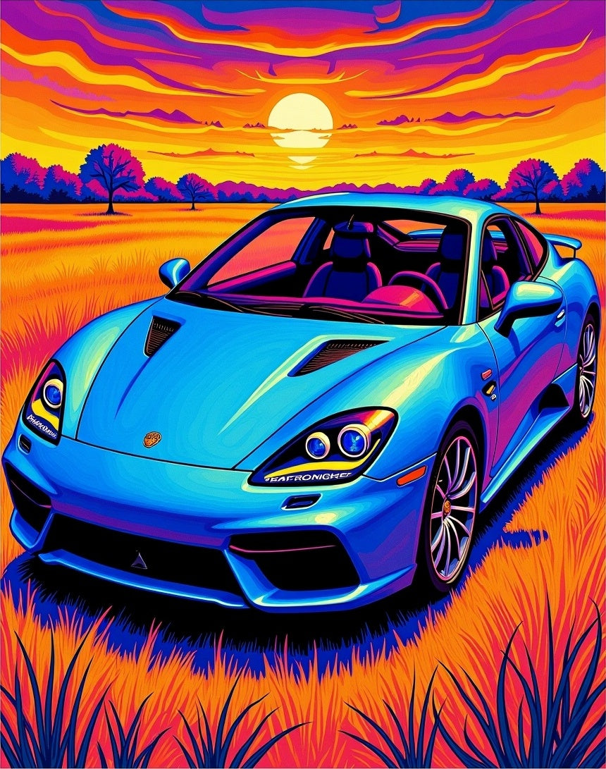 Vivid Blue Sports Car Sunset Landscape Rug