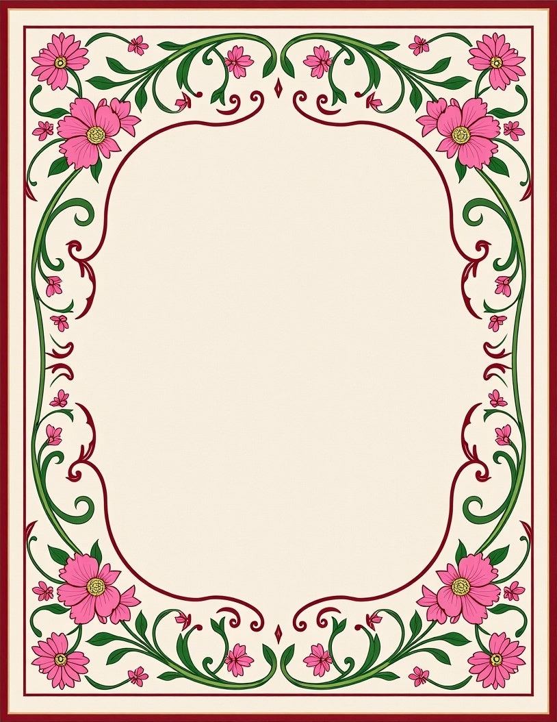 Pink Floral Vines Border Rug