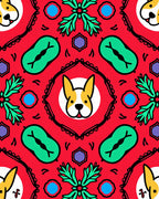 Whimsical Red Corgi Floral Medallion Rug