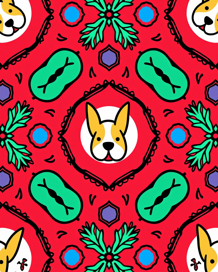 Whimsical Red Corgi Floral Medallion Rug
