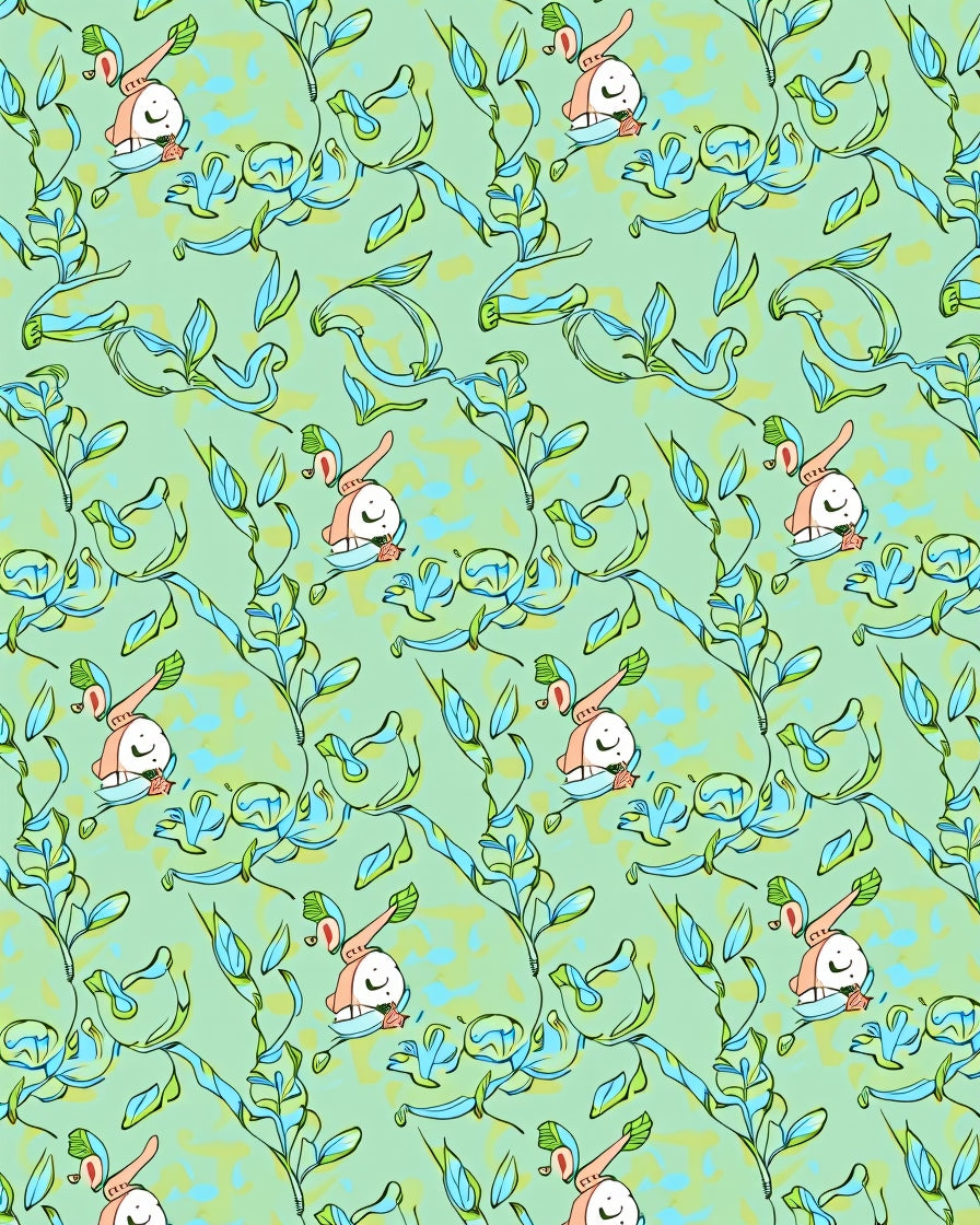 Whimsical Green Abstract Floral Creatures Rug