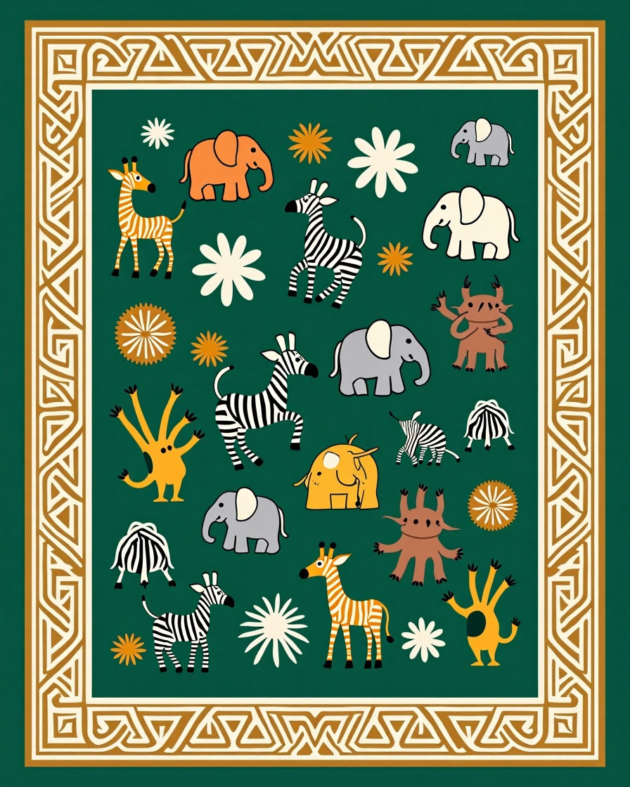 Green Cream Safari Animals Border Rug
