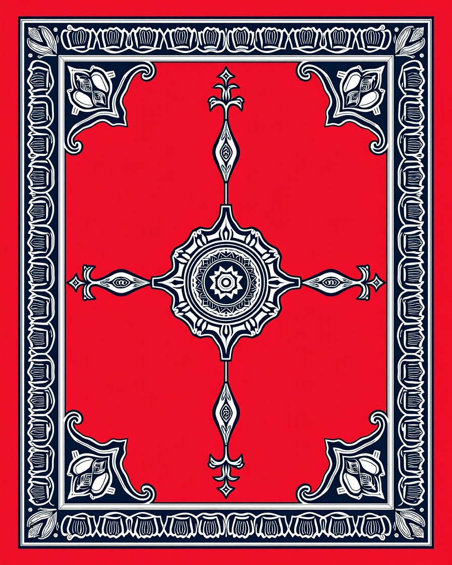 Red Starburst Medallion Indigo Border Rug