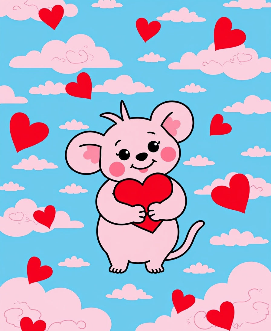 Pink Mouse Red Hearts Blue Sky Rug