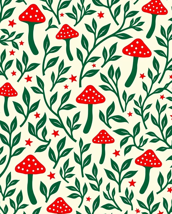 Red Mushroom Green Foliage Stars Rug