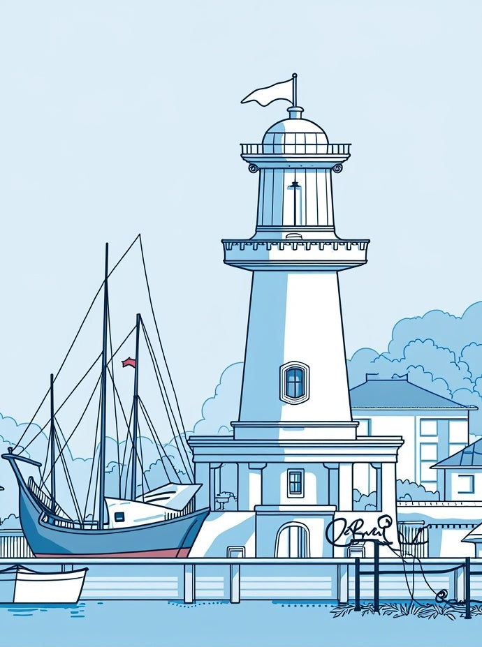 Coastal Lighthouse Sailboat Harbor Scene Rug