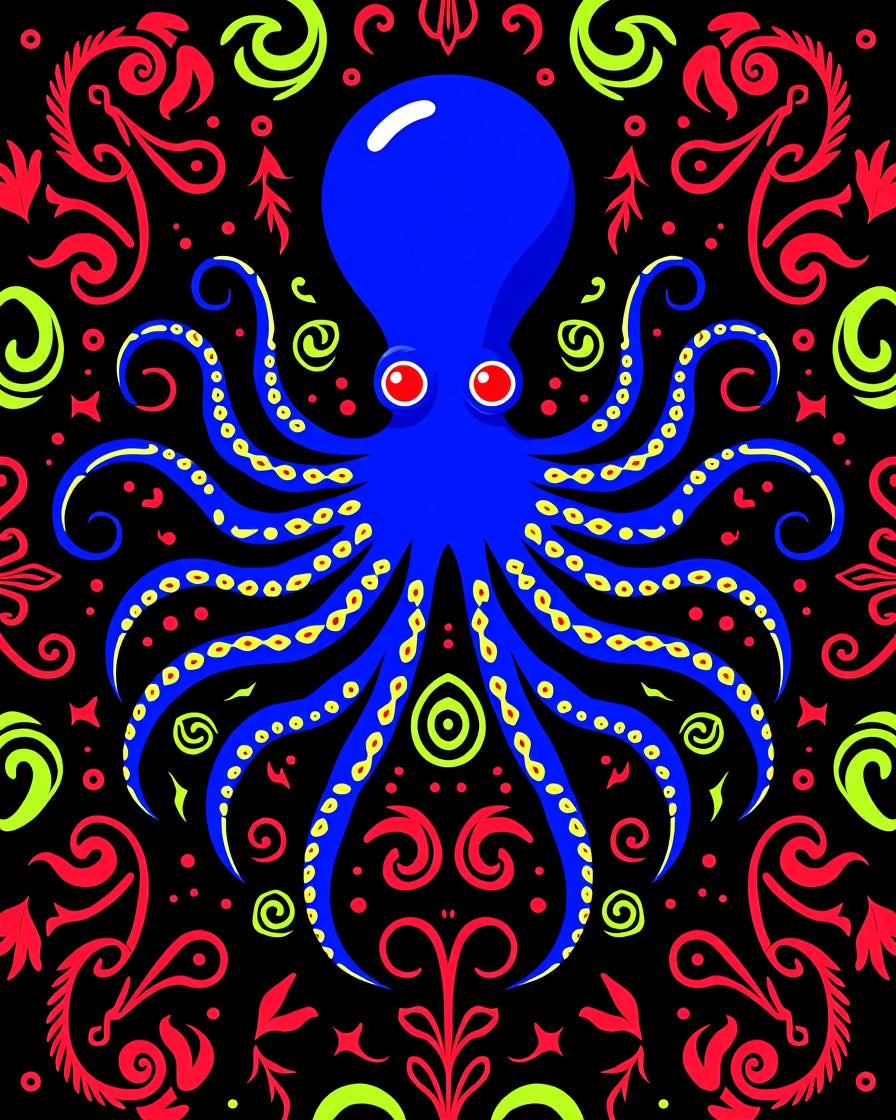 Bold Blue Octopus Red Green Flora Rug