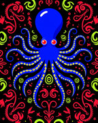 Bold Blue Octopus Red Green Flora Rug