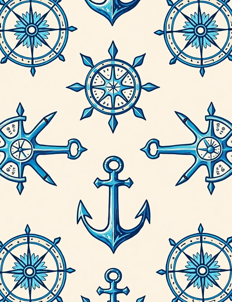 Oceanic Blue Anchor Ship Wheel Rug
