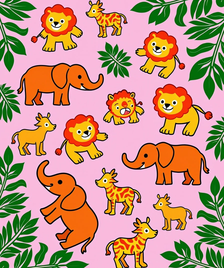 Whimsical Safari Animals Pink Jungle Rug