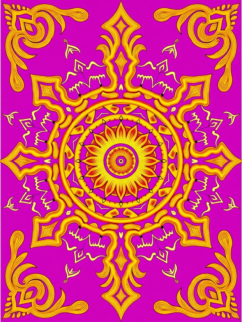 Vibrant Magenta Yellow Floral Mandala Rug