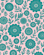 Teal Floral Garden on Pink Background Rug