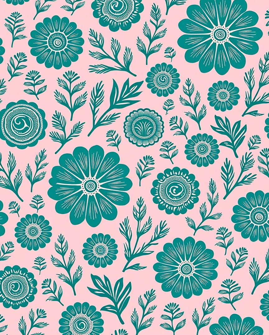 Teal Floral Garden on Pink Background Rug