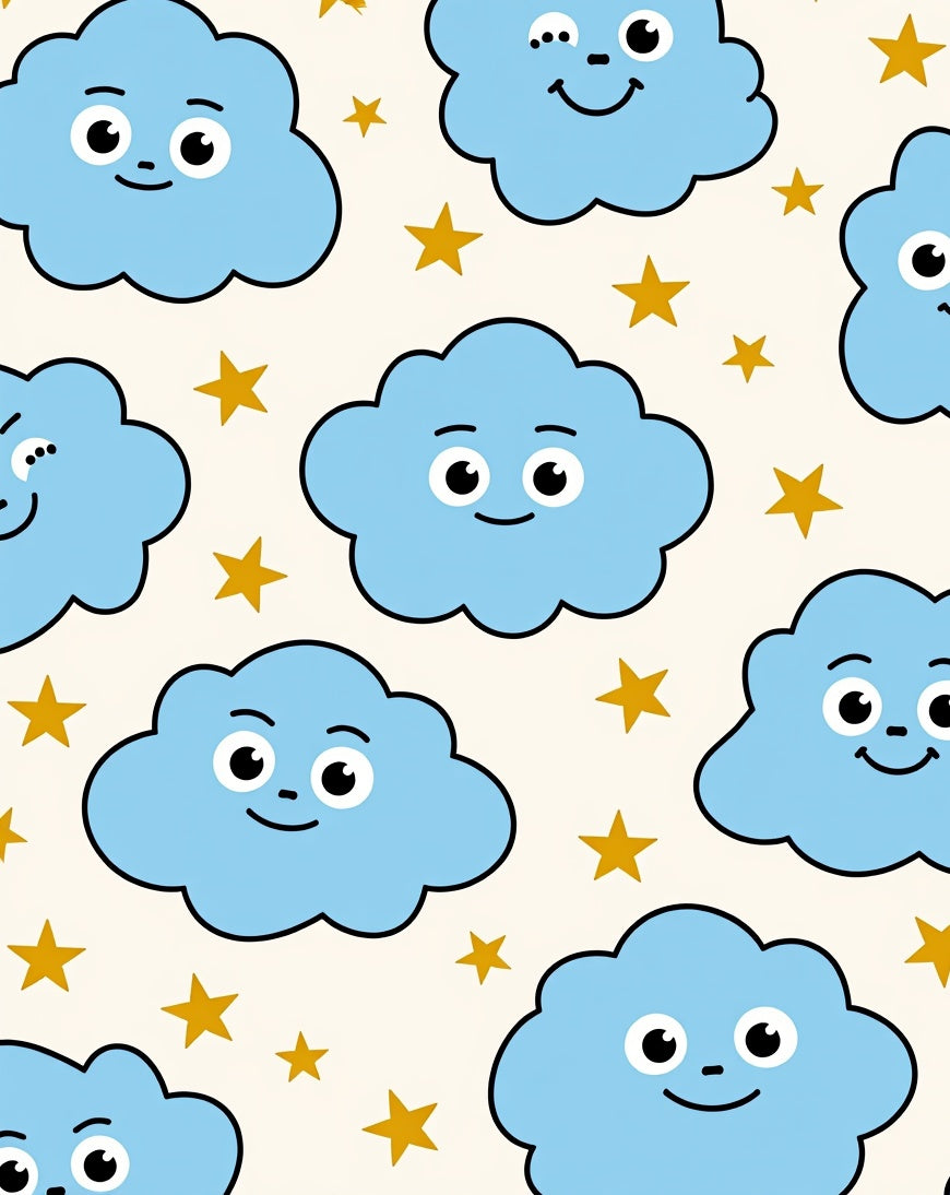 Whimsical Blue Clouds Golden Stars Rug