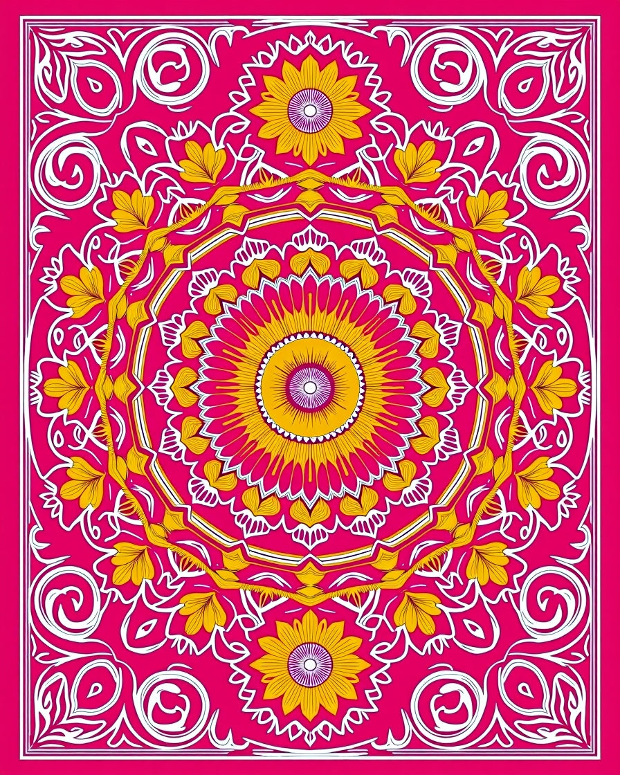 Vibrant Pink Gold Floral Medallion Rug