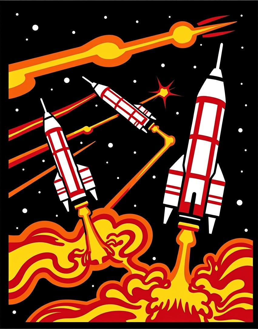 Retro Rockets Streaking Through Space Rug
