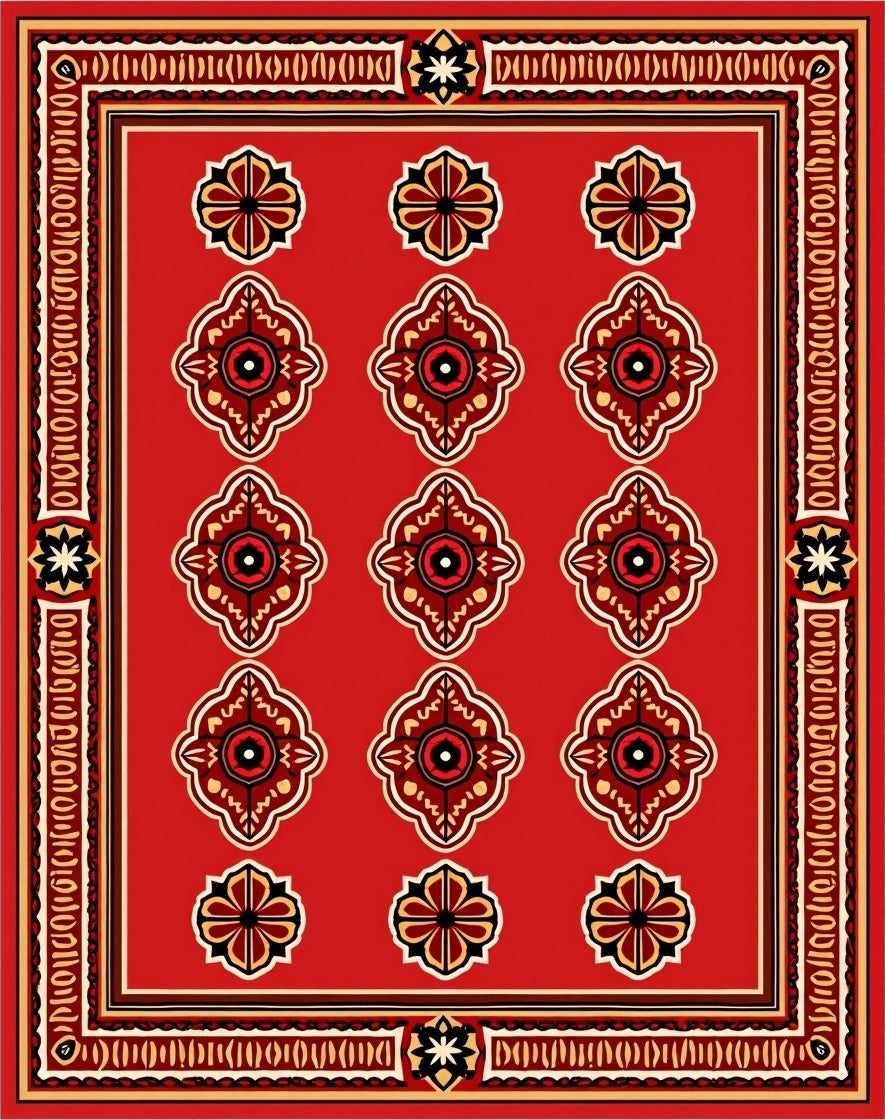 Red Ornamental Geometric Medallions Rug