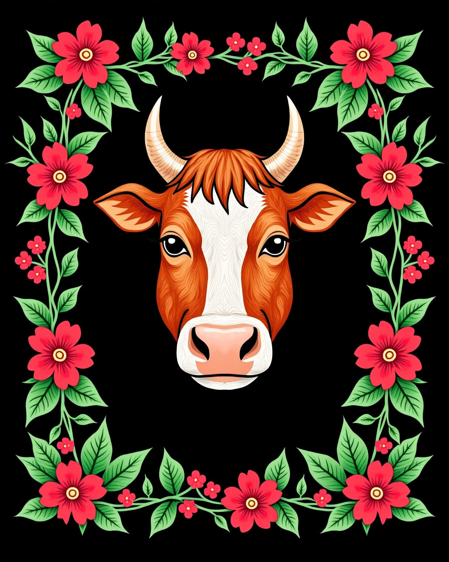 Brown Cow Floral Frame Rug
