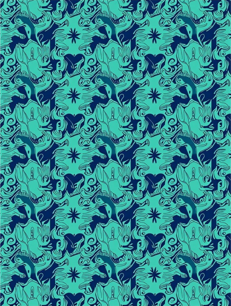 Deep Teal Abstract Swirls and Hearts Rug