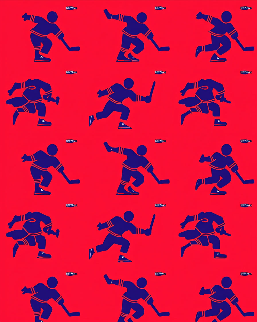 Red Blue Hockey Players Repeating Pattern Rug