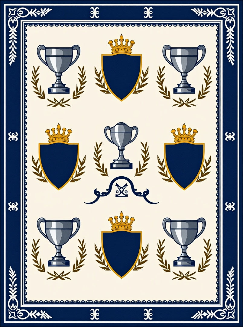 Navy Blue Crest Laurel Trophies Rug