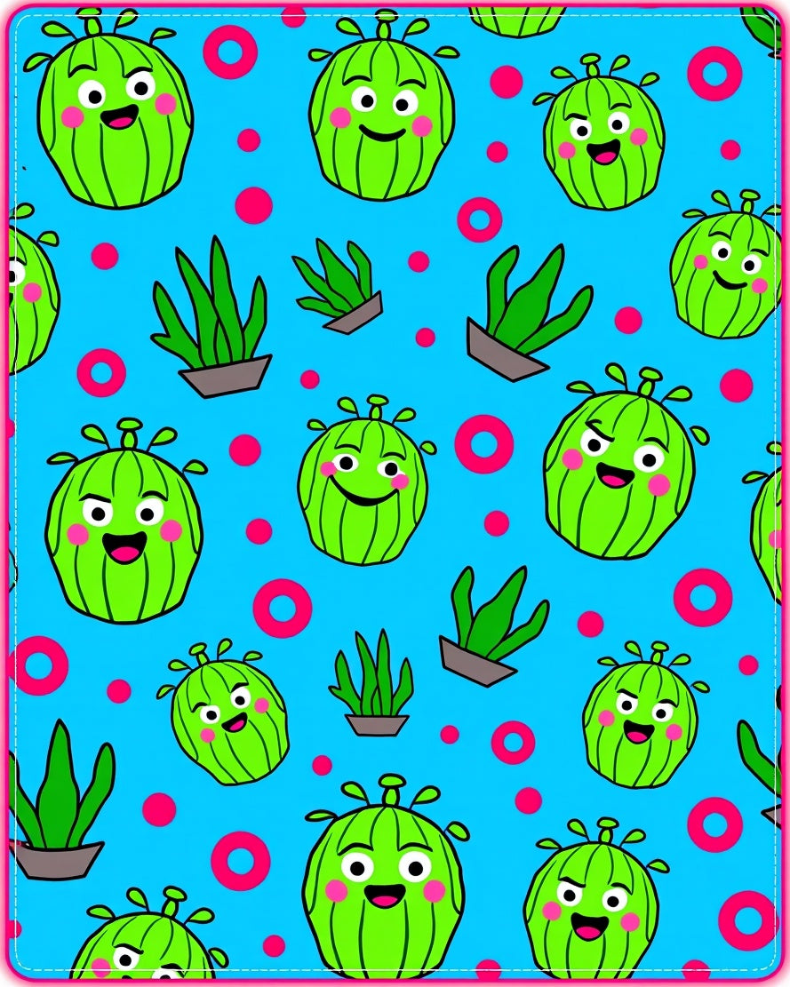Cute Green Cactus Characters Pink Circles Rug