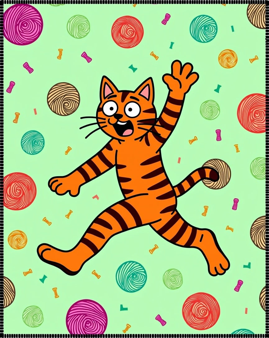 Playful Orange Cat Yarn Balls Rug