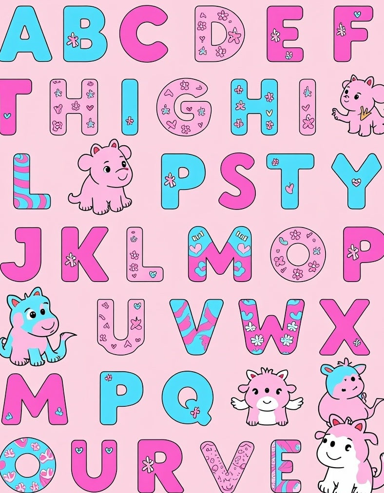 Playful Pink Blue Alphabet Characters Rug