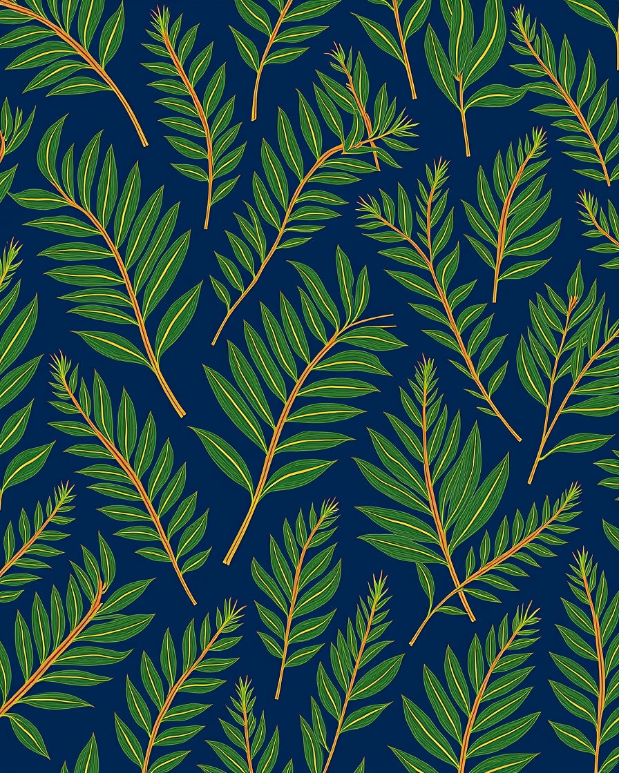 Green Leafy Palm Branches Navy Blue Rug