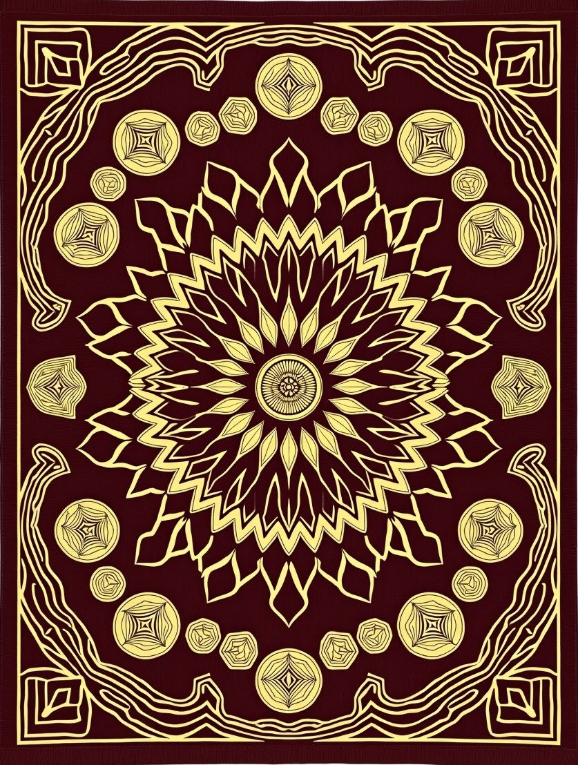 Deep Burgundy Golden Mandala medallions Rug