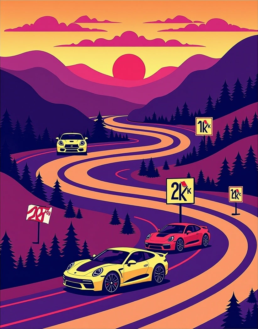 Road Trip Sunset Mountain Cars Rug