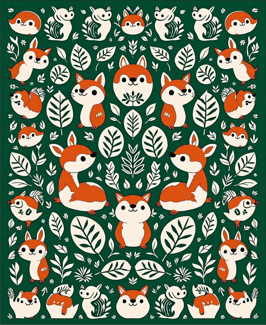 Forest Friends Fox And Leaf Repeating Design Rug