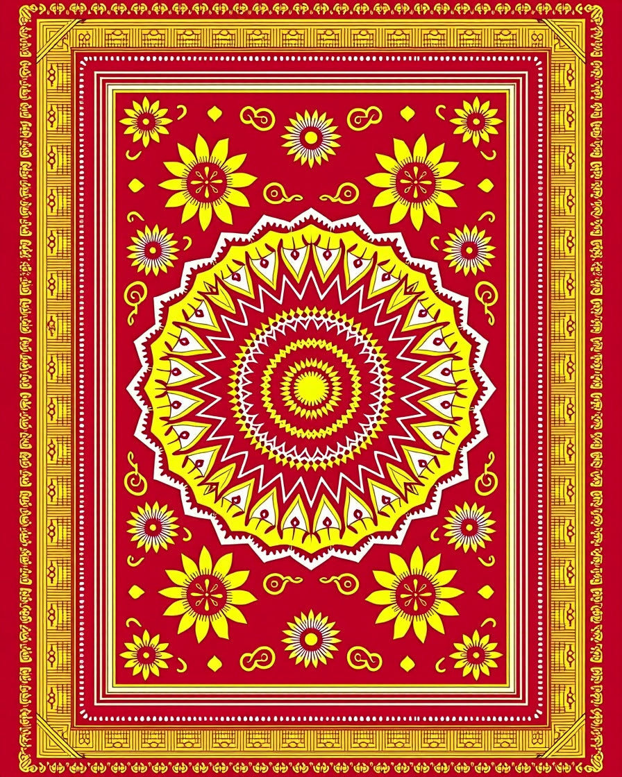 Red Yellow Sunburst Medallion Floral Rug