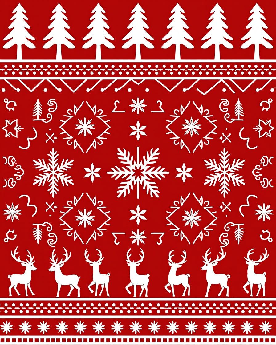Red White Christmas Tree Reindeer Snowflake Rug