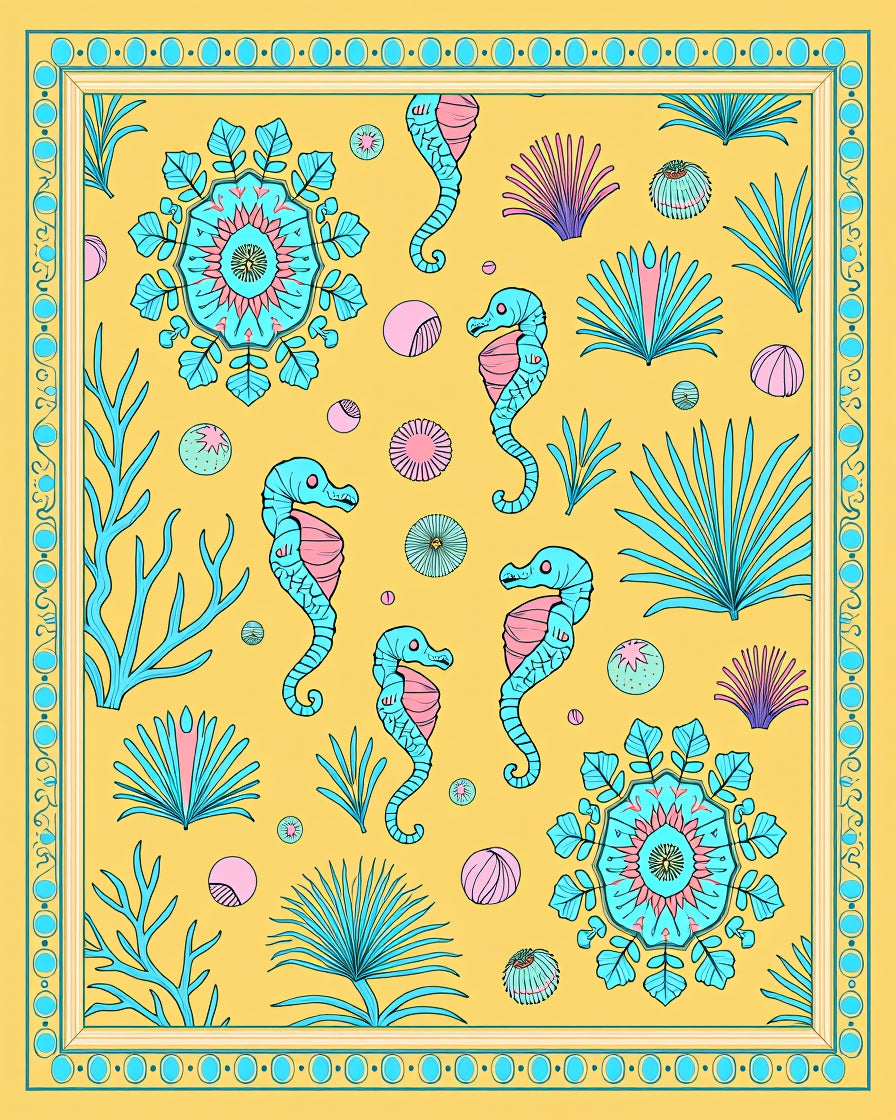 Aquamarine Seahorses Yellow Tropical Mandala Rug