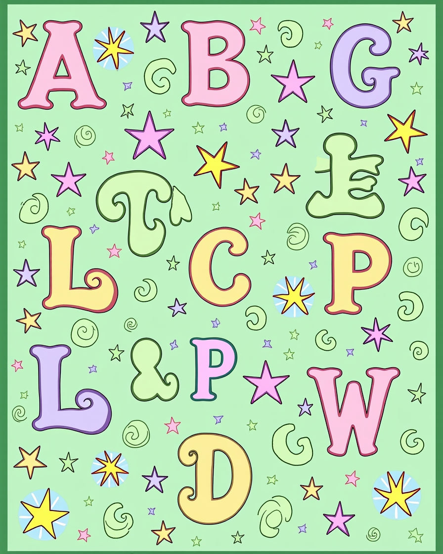 Pastel Alphabet Stars and Swirls Rug