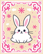 Kawaii White Rabbit Pink Floral Border Rug