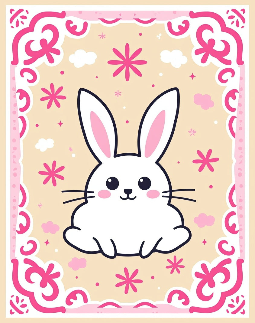 Kawaii White Rabbit Pink Floral Border Rug