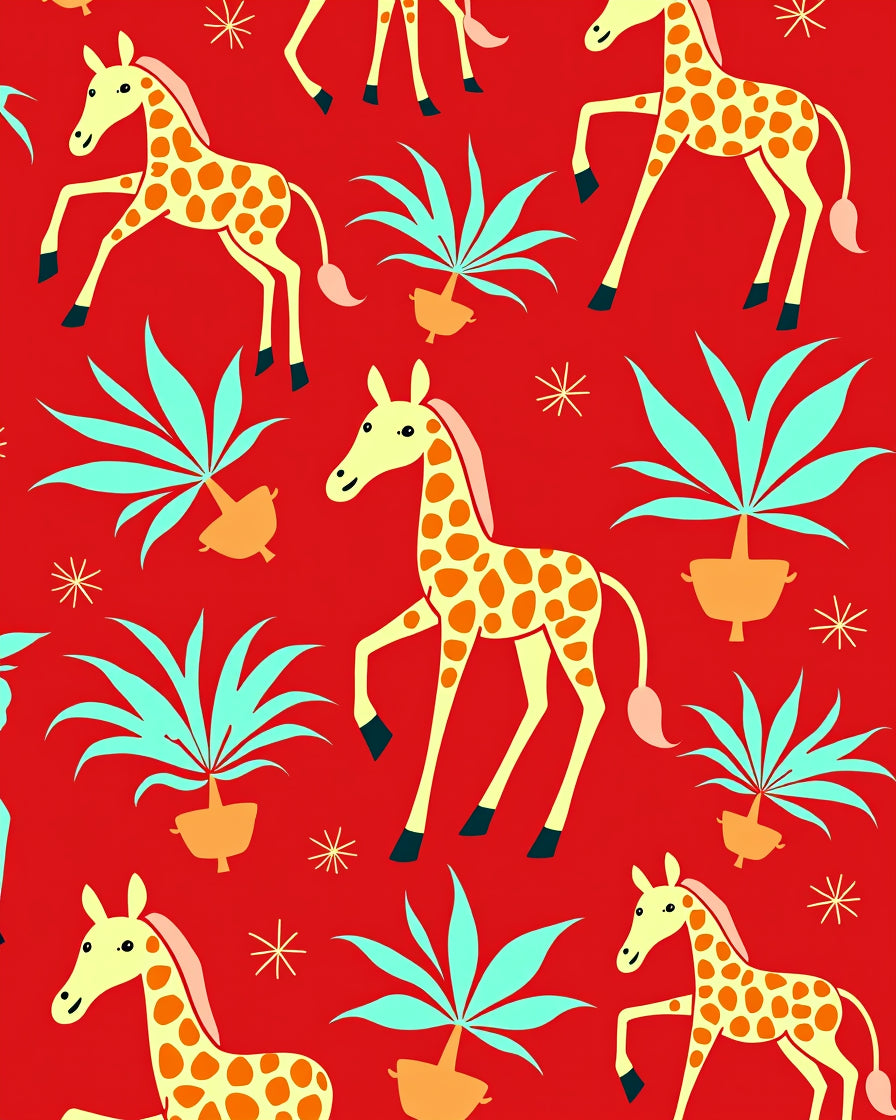 Red Giraffe Jungle Foliage Scene Rug