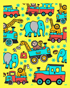 Whimsical Teal Elephant Lion Train Adventure Rug